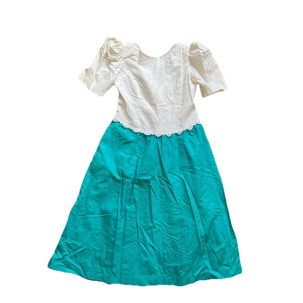 Vintage Lanz Originals Ivory Green Floral Dress Made In USA Women’s Size 12